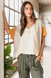 Mittoshop Color Block V-Neck Short Sleeve T-Shirt Natural Combo OutfitFlow