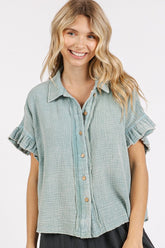 Mittoshop Mineral Washed Button Down Flounce Sleeve Shirt Faded Blue OutfitFlow