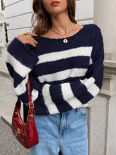 Striped Knit Round Neck Sweater Blue OutfitFlow