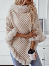 Fuzzy Trim Texture Three-Quarter Sleeve Poncho Beige One Size OutfitFlow