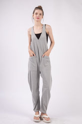 VERY J Plunge Sleeveless Jumpsuit with Pockets Grey OutfitFlow