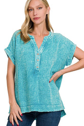 Zenana Washed Double Gauze 3/4 Button Henley Neck Shirt LT TEAL OutfitFlow