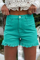 Raw Hem High Waist Denim Shorts Turquoise OutfitFlow