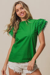 BiBi Solid Woven Circle Trim Ruffle Top GREEN OutfitFlow