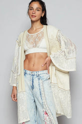 POL Double Gauze and Lace Mix Cardigan with Embroidered Detail Cream OutfitFlow