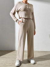Half Button Long Sleeve Top and Pants Set Tan OutfitFlow
