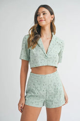 MABLE Eyelet Short Sleeve Crop Top and Shorts Set Mint OutfitFlow
