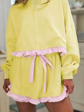 Contrast Frill Hem Round Neck Top and Shorts Set Pastel Yellow OutfitFlow