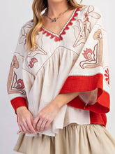 Printed V-Neck Top with Contrast Trim Details White And Red OutfitFlow