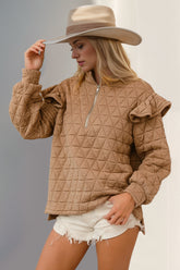 Double Take Ruffled Texture Half Zip Long Sleeve Sweatshirt Tan OutfitFlow