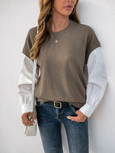 Perfee Round Neck Striped Sleeve Sweatshirt Mocha OutfitFlow