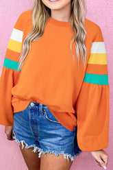 Color Block Round Neck Long Sleeve Sweatshirt Tangerine OutfitFlow