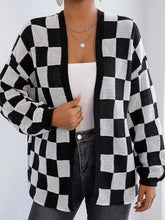 Checkerboard Pattern Open Front Knit Cardigan Black OutfitFlow