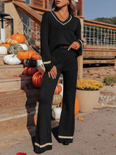Perfee V-Neck Long Sleeve Top and Pants Set Black OutfitFlow