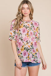 BOMBOM Floral Round Neck T-Shirt Sand OutfitFlow