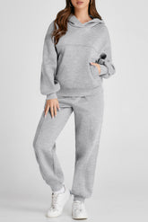 Dropped Shoulder Long Sleeve Hoodie and Pants Active Set Gray OutfitFlow