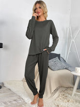Shiny Round Neck Top and Drawstring Pants Lounge Set Dark Gray OutfitFlow