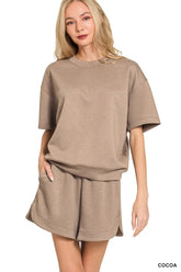 Zenana Scuba Short Sleeve Top & Shorts Set COCOA OutfitFlow
