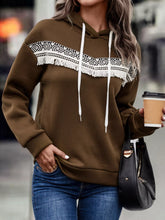 Fringe Detail Long Sleeve Drawstring Hoodie Taupe OutfitFlow