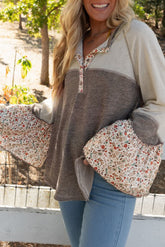 Floral Half Button Long Sleeve T-Shirt Mocha OutfitFlow