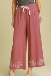 Umgee Full Size Linen Blend Wide Leg Pants with Scalloped Hemline Plus Size Dusty Pink OutfitFlow