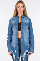 American Bazi Distressed Frayed Hem Denim Jacket Blue OutfitFlow