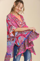 Umgee Full Size Mixed Print Ruffle Hem Open Front Cover Up Plus Size Hot Pink OutfitFlow