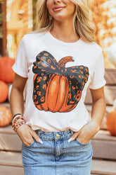 Pumpkin Round Neck Short Sleeve T-Shirt White OutfitFlow