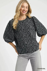 Umgee Leopard Print Jacquard Blouse with Puff Sleeves CHARCOAL OutfitFlow