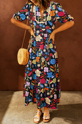 Printed V-Neck Half Sleeve Midi Dress Floral OutfitFlow