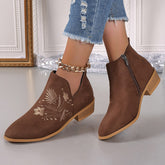 Embroidered Suede Point Toe Block Heel Boots Brown OutfitFlow