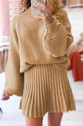 Ribbed Knit Long Sleeve Top and Skirt Sweater Set Tan OutfitFlow