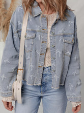 Bow Knot Print Light Wash Raw Hem Denim Jacket Light Blue OutfitFlow