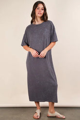 VERY J Plus Size Mineral Washed Casual Comfy Midi Dress Charcoal OutfitFlow