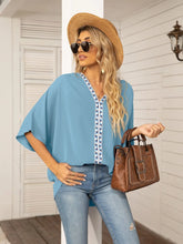 Printed Trim V-Neck Batwing Sleeve Blouse Light Blue OutfitFlow