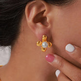Synthetic Pearl Titanium Steel Flower Earrings Gold One Size OutfitFlow
