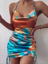 Tie-Dye Halter Ruched Mini Dress with Side Drawstring Tie-dye OutfitFlow