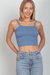 VERY J Cable Knit Seamless Cropped Cami Denim OutfitFlow