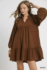 Umgee Corduroy Tiered Babydoll Dress Brown OutfitFlow