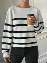 Striped Round Neck Long Sleeve Knit Top Blue OutfitFlow