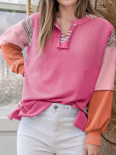 Corded Texture Plaid Color Block Patchwork Split Neck Long Sleeve Top Hot Pink OutfitFlow