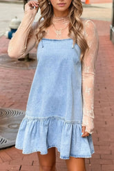 Bow Detail Spaghetti Straps Ruffle Hem Denim Dress Light Blue OutfitFlow