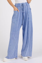 Mittoshop Mineral Wash Elastic Waist Baarrel Leg Baggy Pants Peri Blue OutfitFlow