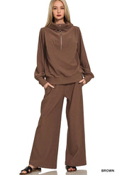 Zenana Ribbed High Neck Half Zip Pullover & Pants Set BROWN OutfitFlow