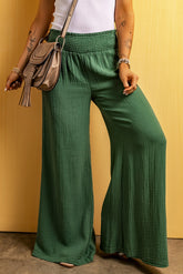 Smocked Waist Texture Wide Leg Pants Green OutfitFlow