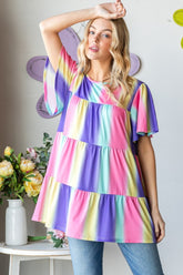 Heimish Full Size Short Sleeve Striped Tiered Top Multi OutfitFlow