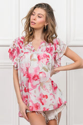BiBi Floral Print Flutter Sheer Top FUCHSIA WHITE OutfitFlow