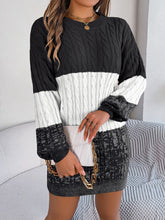 Cable-Knit Round Neck Color Block Sweater Dress Black OutfitFlow