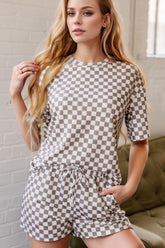 Checkered Round Neck Top and Shorts Set Khaki OutfitFlow