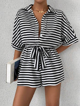 Tie Waist Half Button Striped Romper Black OutfitFlow